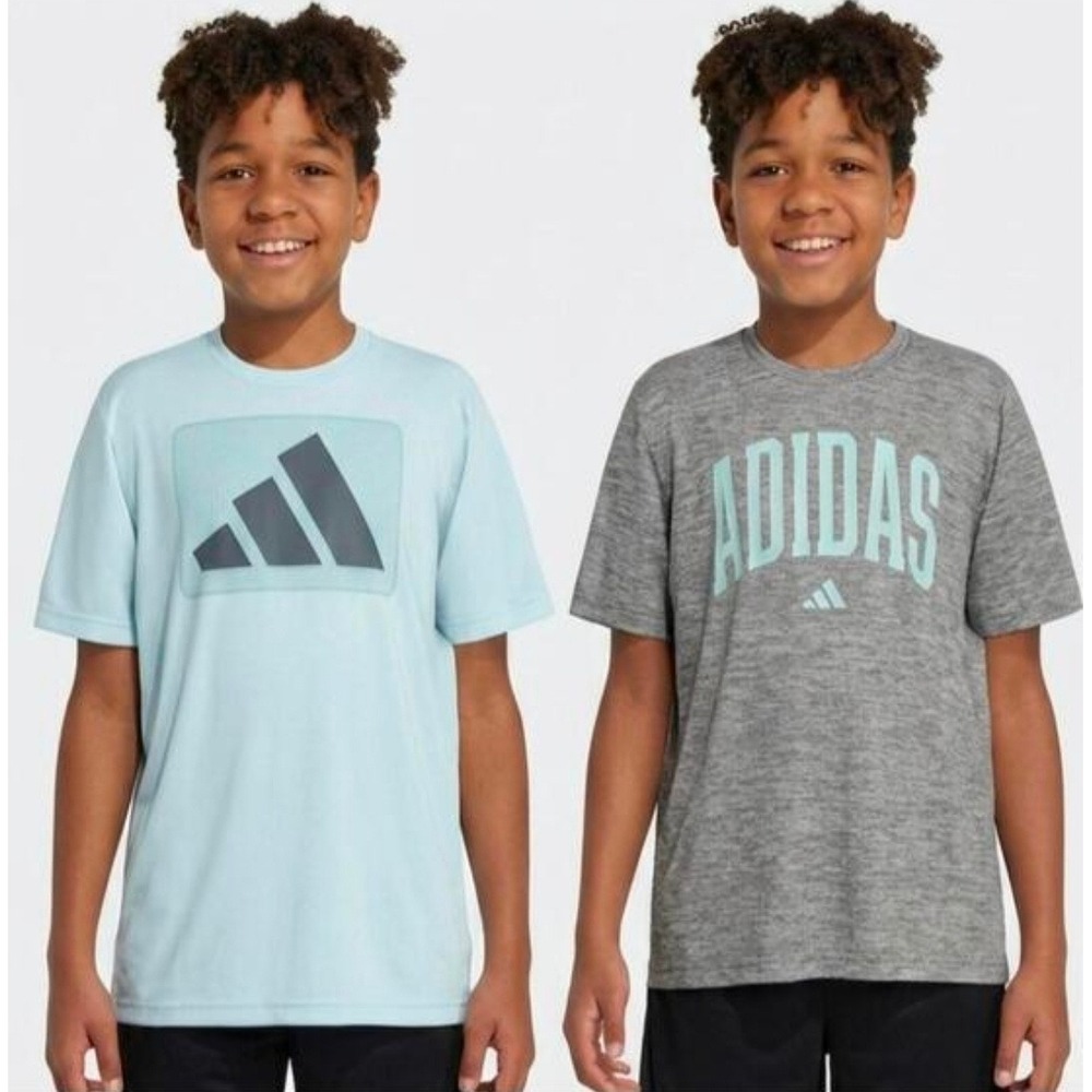 Adidas Boys 2 Pack Graphic T-Shirts Blue Grey Youth Large 14/16 New